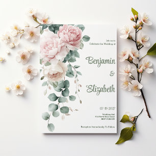 Pink garland peonies eucalyptus leaf Wedding Invitation