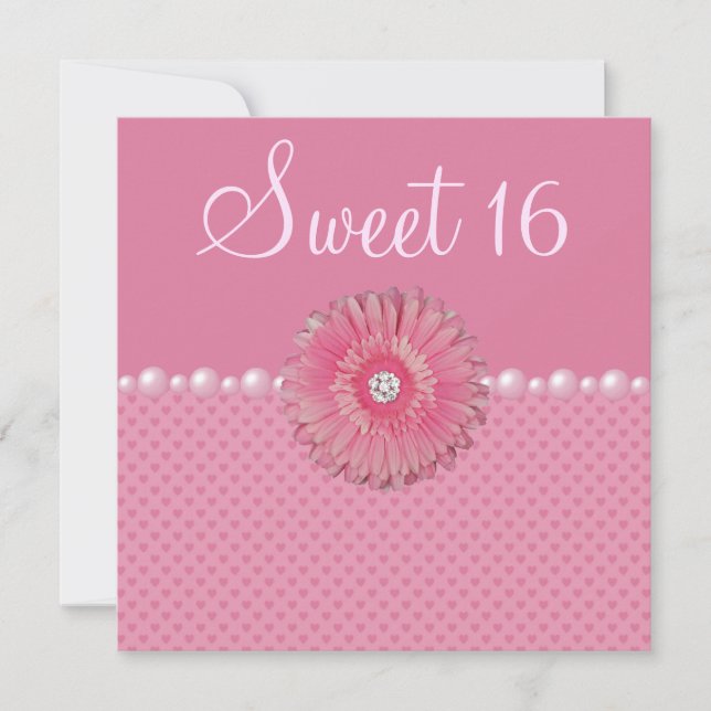 Pink Gebera, Pearls & Hearts Sweet 16 Party Invitation (Front)