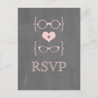 Pink Geeky Glasses Chalkboard RSVP Postcard