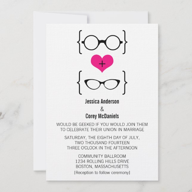 Pink Geeky Glasses Wedding Invitation (Front)
