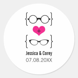 Pink Geeky Glasses Wedding Stickers