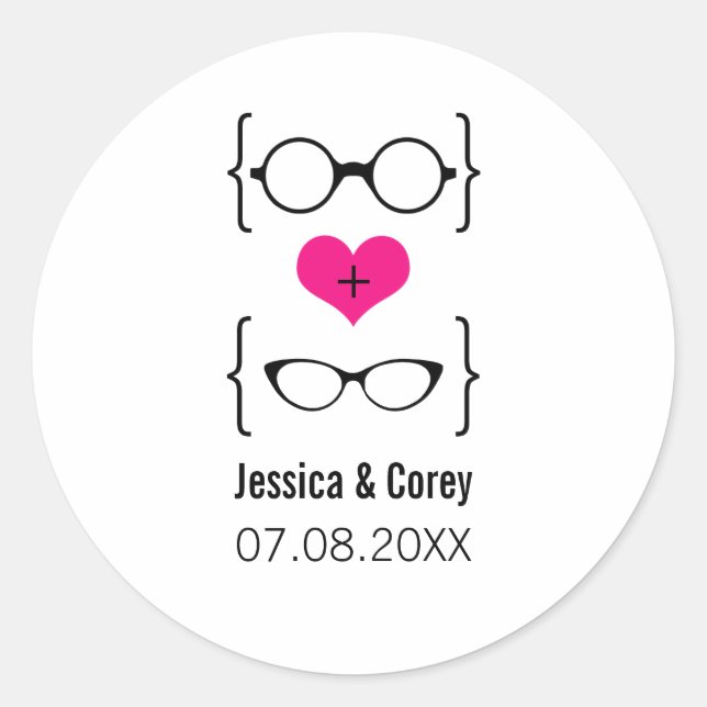Pink Geeky Glasses Wedding Stickers (Front)