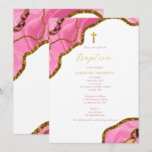Pink Geode Agate Gold Cross Baptism Christening  Invitation