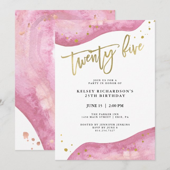 Pink Geode and Faux Gold Look | 25th Birthday Invitation (Front/Back)