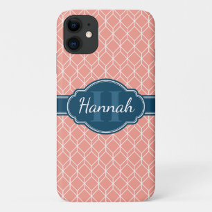 Pink Geometric Diamond Pattern Blue Monogram iPhone 11 Case