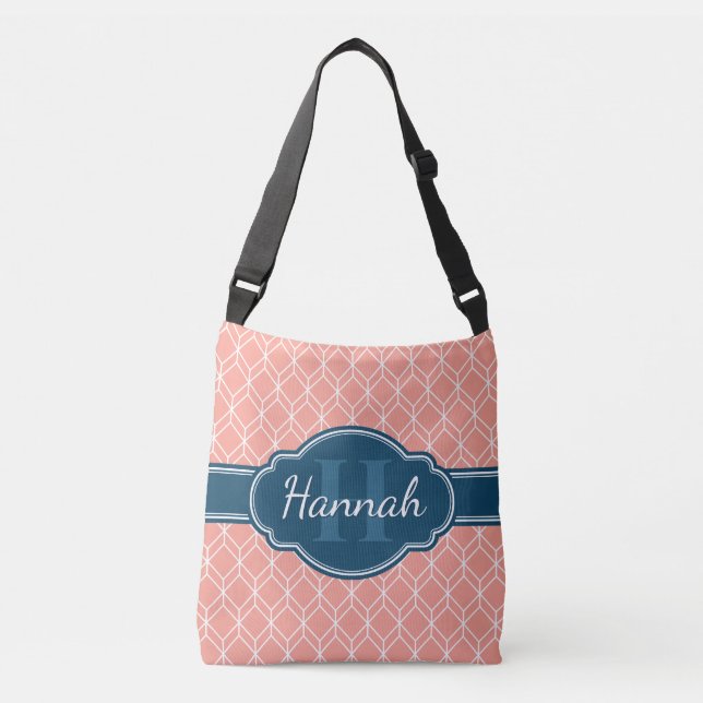 Pink Geometric Diamond Pattern Blue Monogram Crossbody Bag (Front)