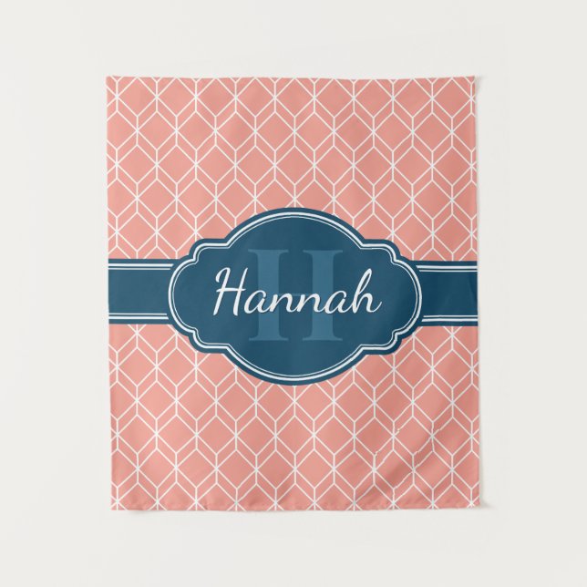 Pink Geometric Diamond Pattern Blue Monogram Tapestry (Front)