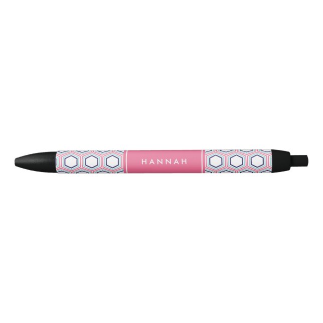 Pink Geometric Pattern Monogram Black Ink Pen (Front)