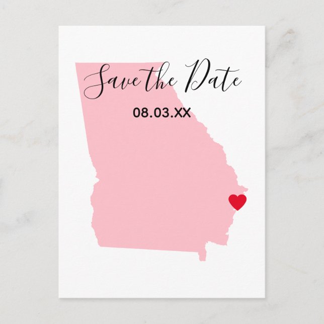  Pink Georgia Red Heart Save the Date Announcement Postcard (Front)