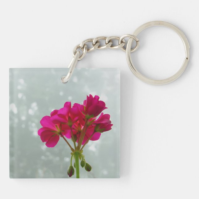 Pink Geranium Floral Picture Acrylic Keychain (Back)