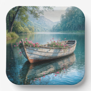 Pink Geraniums In A Rustic Rowboat Paper Plate