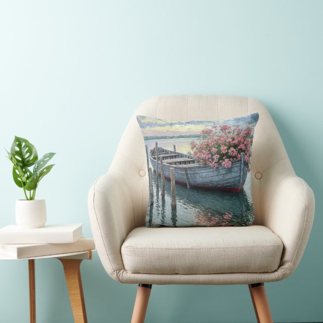 Pink Geraniums In a Rustic Rowboat Throw Pillow (Chair)