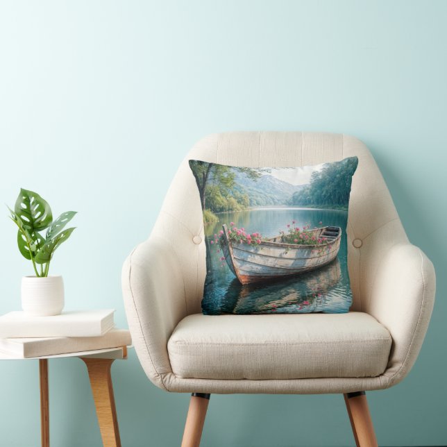 Pink Geraniums In An Old Rowboat Throw Pillow (Chair)