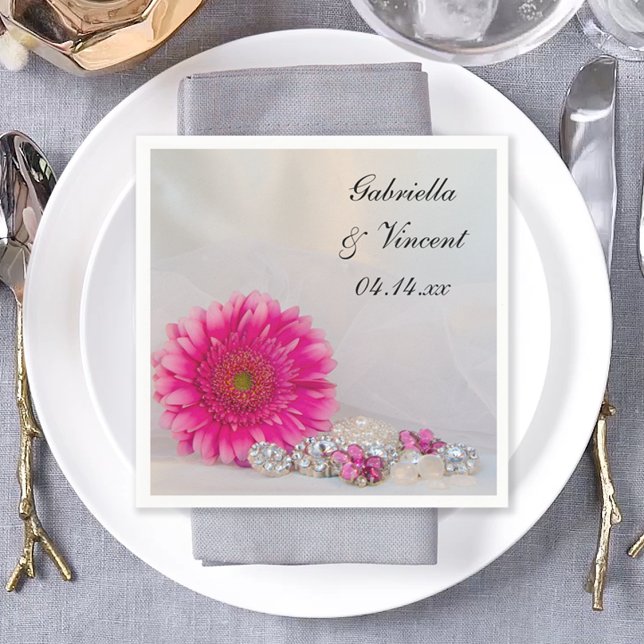 Pink Gerber Daisy and Diamond Buttons Wedding Napkin (Creator Uploaded)