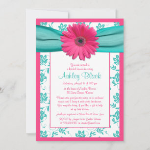 Pink Gerber Daisy Aqua Bridal Shower Invitation