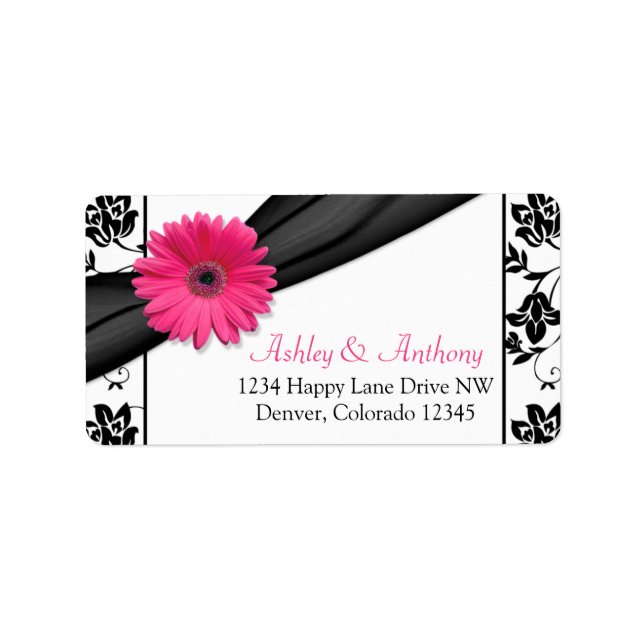 Pink Gerber Daisy Black Damask Wedding Address Label (Front)