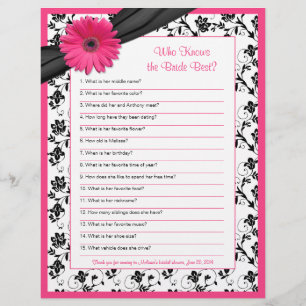 Pink Gerber Daisy Black Floral Bridal Shower Game