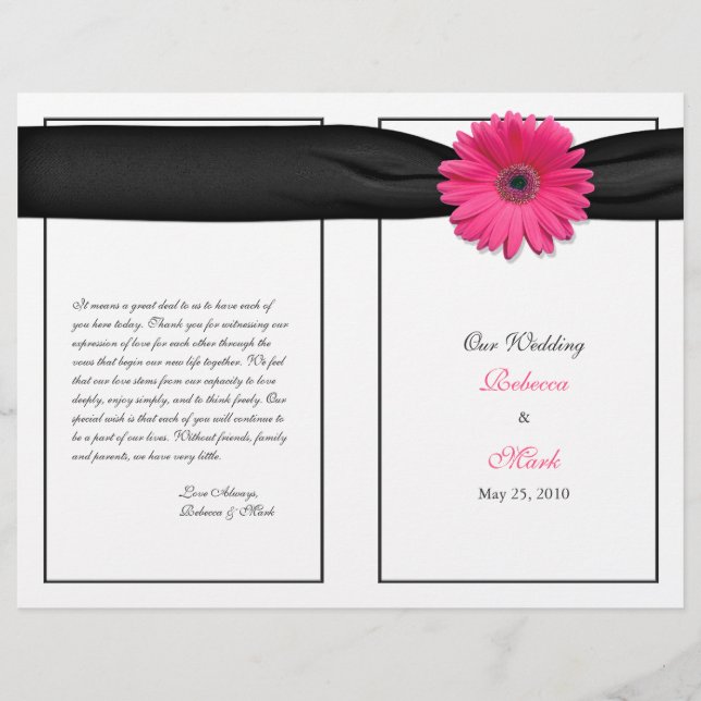 Pink Gerber Daisy Black Ribbon Wedding Programme (Devant)