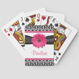 Pink Gerber Daisy Black White Damask Personalized Playing Cards