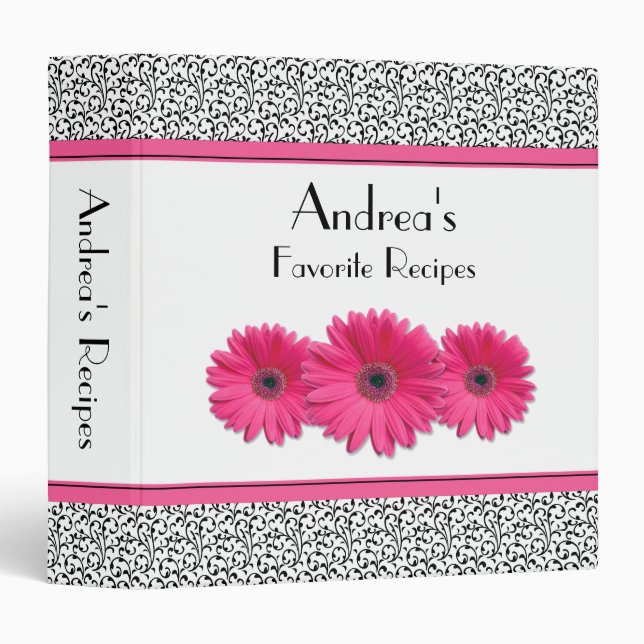 Pink Gerber Daisy Black White Floral Recipe Binder (Front/Spine)