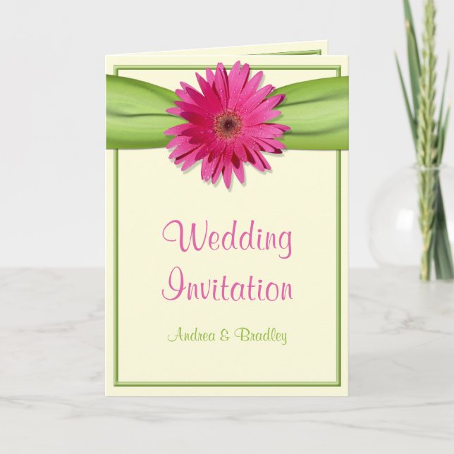 Pink Gerber Daisy Green Ribbon Wedding Invitation (Front)