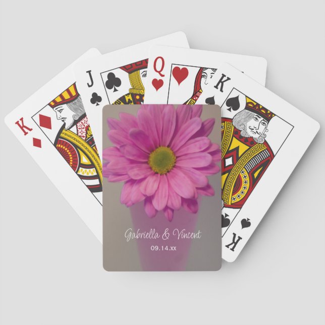 Pink Gerber Daisy in Vase Wedding Playing Cards (Back)