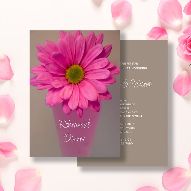Pink Gerber Daisy in Vase Wedding Rehearsal Dinner Invitation (Creator Uploaded)
