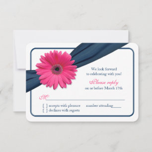 Pink Gerber Daisy Navy Blue Ribbon Wedding RSVP