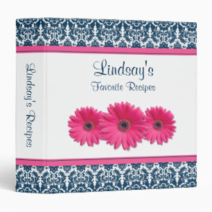 Pink Gerber Daisy Navy White Damask Recipe Binder