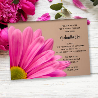 Pink Gerber Daisy on Tan Bridal Shower Invitation
