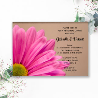 Pink Gerber Daisy on Tan Wedding Rehearsal Dinner Invitation