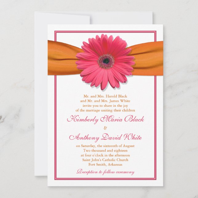 Pink Gerber Daisy Orange Ribbon Wedding Invitation (Front)