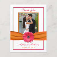 Pink Gerber Daisy Orange Ribbon Wedding Thank You