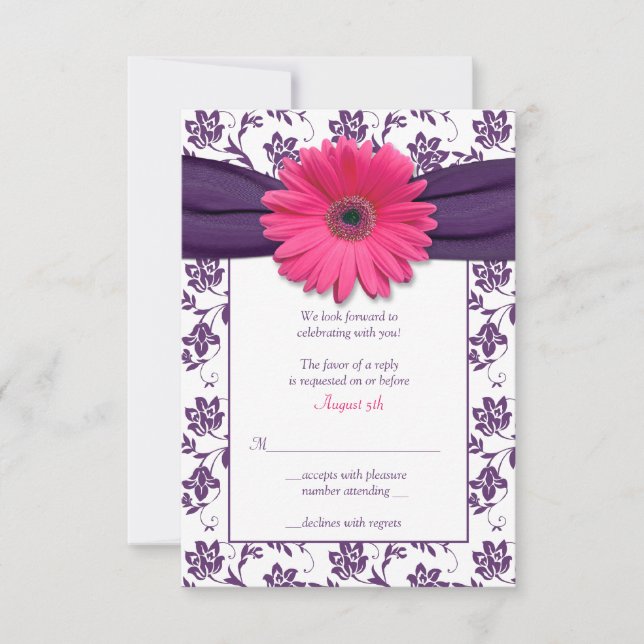 Pink Gerber Daisy Purple Damask Wedding Reply Card (Front)