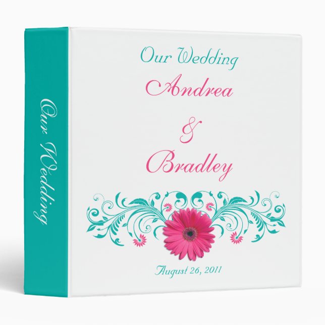 Pink Gerber Daisy Turquoise Floral Wedding Binder (Front/Spine)