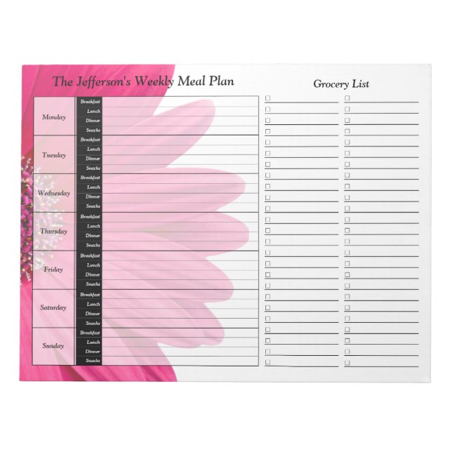 Pink Gerber Daisy Weekly Personalized Meal Planner Notepad (Front)