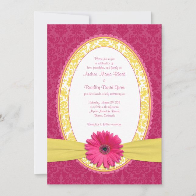 Pink Gerber Lemon Yellow Damask Wedding Invitation (Front)