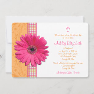 Pink Gerber Orange Plaid Confirmation Invitation