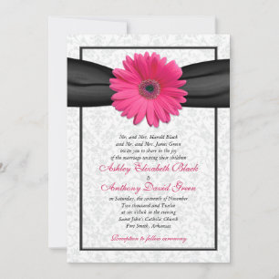 Pink Gerbera Black Ribbon Wedding Invitation
