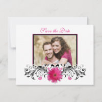 Pink Gerbera Black White Floral Save the Date Card