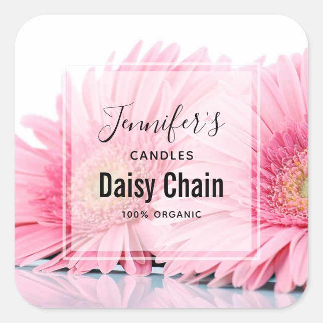Pink Gerbera Daisies Elegant Photo Candle Business Square Sticker (Front)