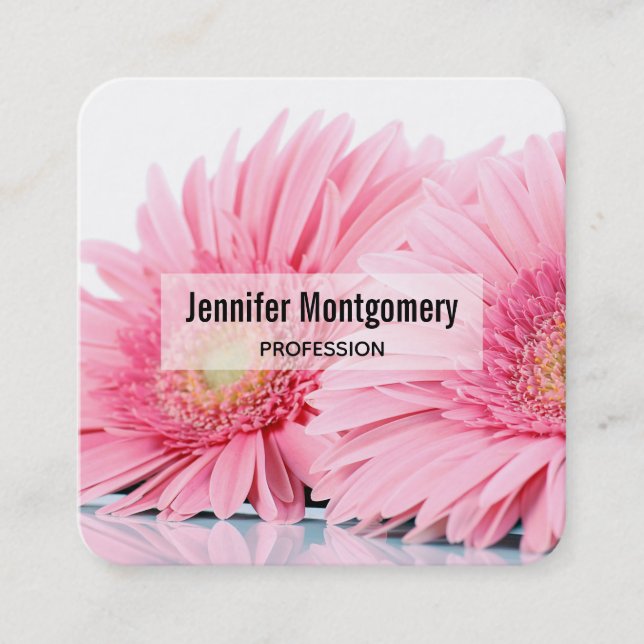Pink Gerbera Daisies Elegant Photo Square Business Card (Front)