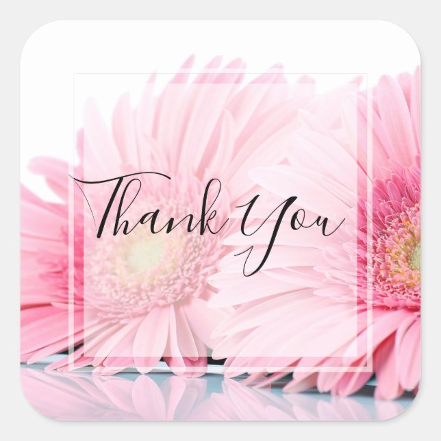 Pink Gerbera Daisies Elegant Photo Thank You Square Sticker (Front)