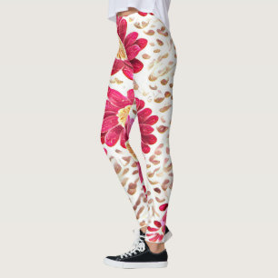 Pink Gerbera Daisy and Gold Brushstroke Leggings