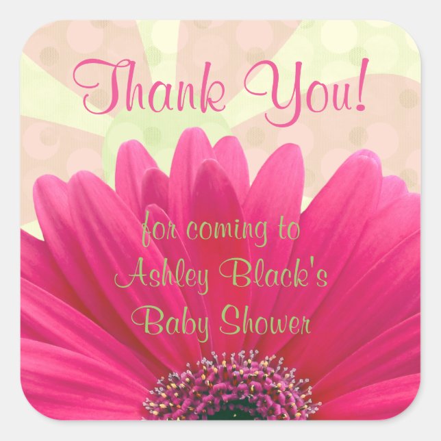Pink Gerbera Daisy Baby Shower Thank You Square Sticker (Front)