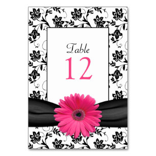 Pink Gerbera Daisy Black Damask Table Number Card