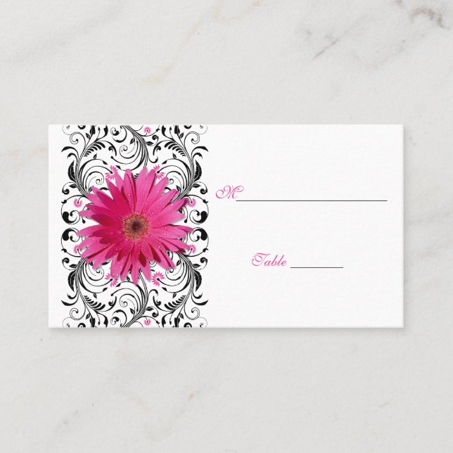 Pink Gerbera Daisy Black Floral Place Card (Front)