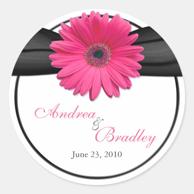Pink Gerbera Daisy Black Personalized Wedding Classic Round Sticker (Front)
