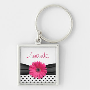 Pink Gerbera Daisy Black Polka Dot Custom Name Keychain