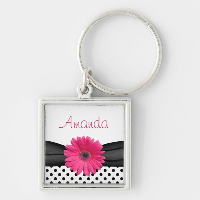 Pink Gerbera Daisy Black Polka Dot Custom Name Keychain (Front)
